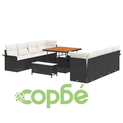 Градински модулен комплект от 11 части с възглавници черен полиратан и акация 100x100x71 см ➤ топ цена ➤ sorbe.bg