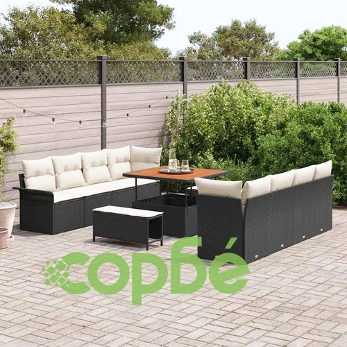 Градински модулен комплект от 11 части с възглавници черен полиратан и акация 100x100x71 см ➤ топ цена ➤ sorbe.bg