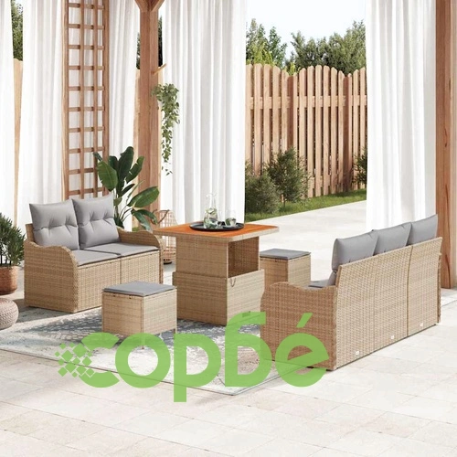Градински диван комплект 8 части с възглавници от полиратан и акация бежов/сив ➤ топ цена ➤ sorbe.bg