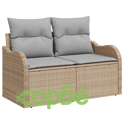 Градински диван комплект 8 части с възглавници от полиратан и акация бежов/сив ➤ топ цена ➤ sorbe.bg