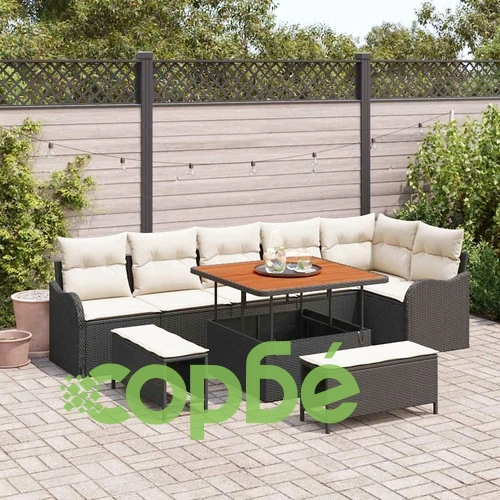 Градински диван комплект 9 части от полиратан и акация 100x100x71 см черен ➤ топ цена ➤ sorbe.bg