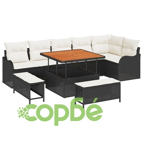 Градински диван комплект 9 части от полиратан и акация 100x100x71 см черен ➤ топ цена ➤ sorbe.bg