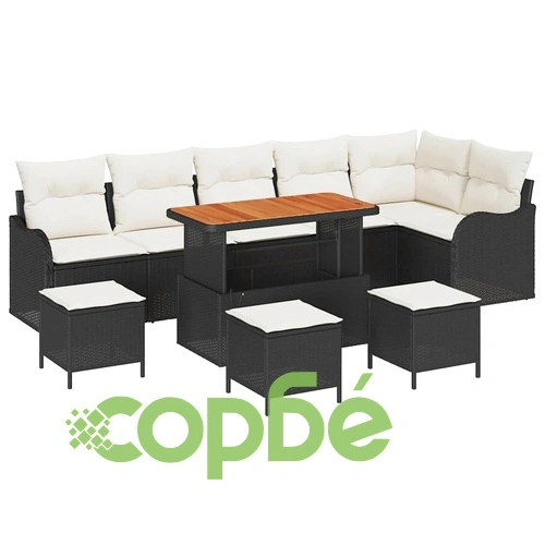 Градински комплект мебели 10 части от полиратан и акация 110x55x71 см черен ➤ топ цена ➤ sorbe.bg