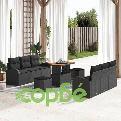 Градински комплект мебели 9 части с възглавници черен полиратан акация 90x55x71 см ➤ топ цена ➤ sorbe.bg