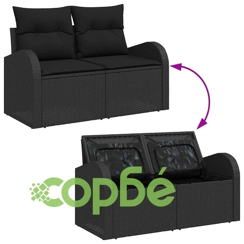 Градински комплект мебели 9 части с възглавници черен полиратан акация 90x55x71 см ➤ топ цена ➤ sorbe.bg