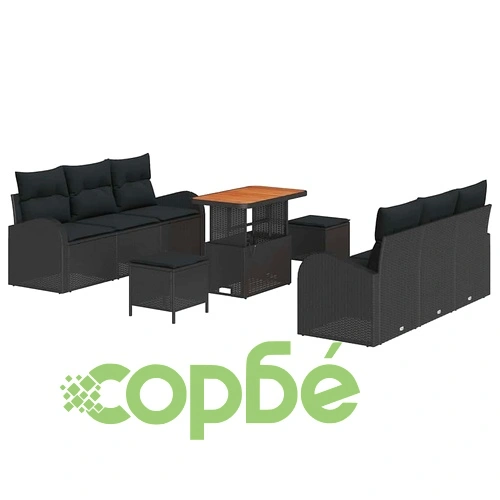 Градински комплект мебели 9 части с възглавници черен полиратан акация 90x55x71 см ➤ топ цена ➤ sorbe.bg