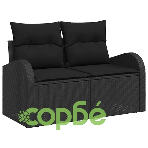 Градински комплект мебели 9 части с възглавници черен полиратан акация 90x55x71 см ➤ топ цена ➤ sorbe.bg