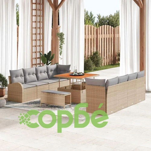 Градински комплект мебели 11 части с възглавници от полиратан и акация - бежов/сив ➤ топ цена ➤ sorbe.bg
