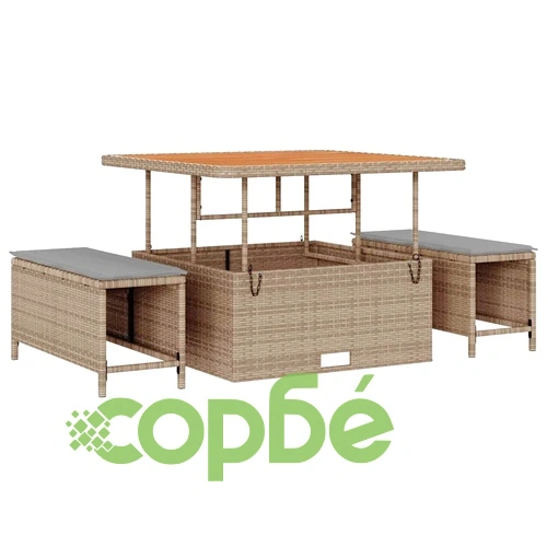 Градински комплект мебели 11 части с възглавници от полиратан и акация - бежов/сив ➤ топ цена ➤ sorbe.bg