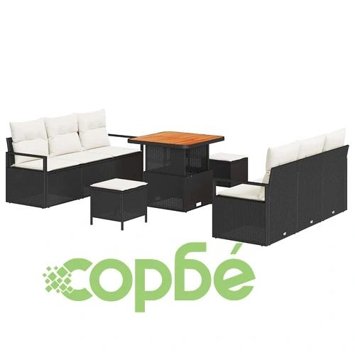 Градински комплект диван 9 части с възглавници черен полиратан 80x80 см ➤ топ цена ➤ sorbe.bg