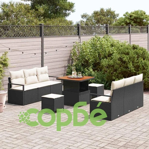 Градински комплект диван 9 части с възглавници черен полиратан 80x80 см ➤ топ цена ➤ sorbe.bg