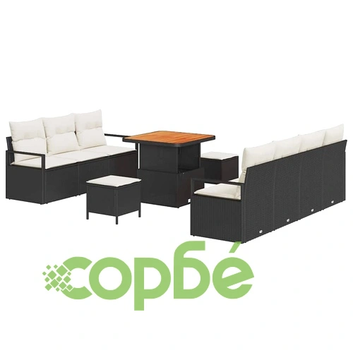 Градински диван комплект 10 части полиратан и акация черен крем 80x80x71 см ➤ топ цена ➤ sorbe.bg