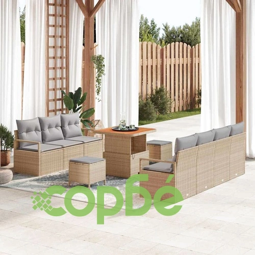 10-елементен градински диван комплект с възглавници от полиротан и акация бежов светло сив ➤ топ цена ➤ sorbe.bg