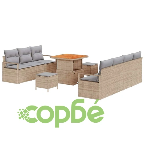 10-елементен градински диван комплект с възглавници от полиротан и акация бежов светло сив ➤ топ цена ➤ sorbe.bg