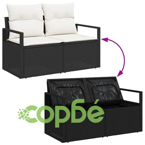 Градински комплект от 8 части с възглавници - черен полиратан и акация 80x80x71 см ➤ топ цена ➤ sorbe.bg