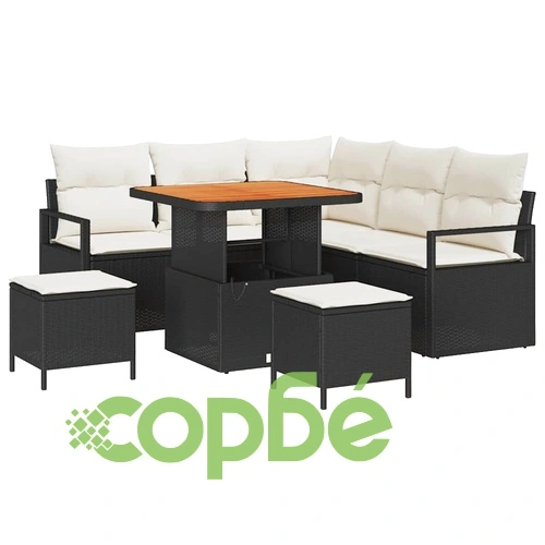 Градински комплект от 8 части с възглавници - черен полиратан и акация 80x80x71 см ➤ топ цена ➤ sorbe.bg