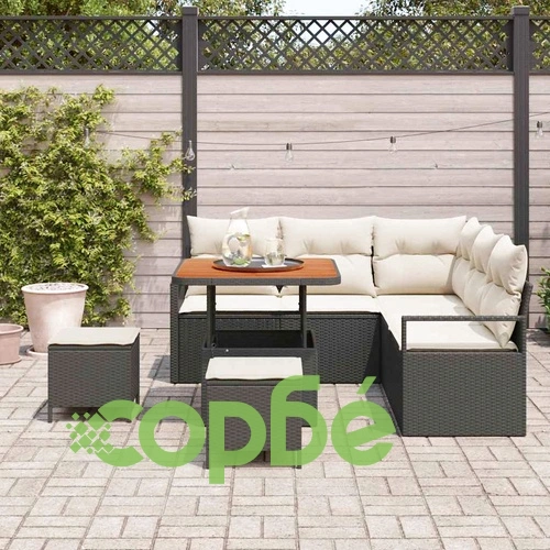 Градински комплект от 8 части с възглавници - черен полиратан и акация 80x80x71 см ➤ топ цена ➤ sorbe.bg