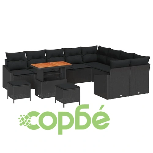 Градински комплект мебели 12 части с възглавници черен полиратан акация 90x55x71 см ➤ топ цена ➤ sorbe.bg