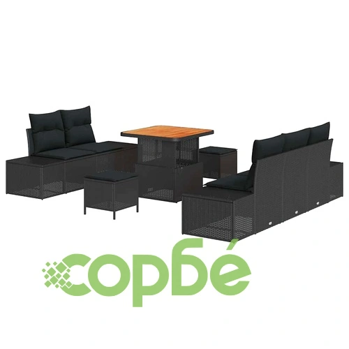 Градински диван комплект 8 части с възглавници черен полиратан 80x80x71 см ➤ топ цена ➤ sorbe.bg
