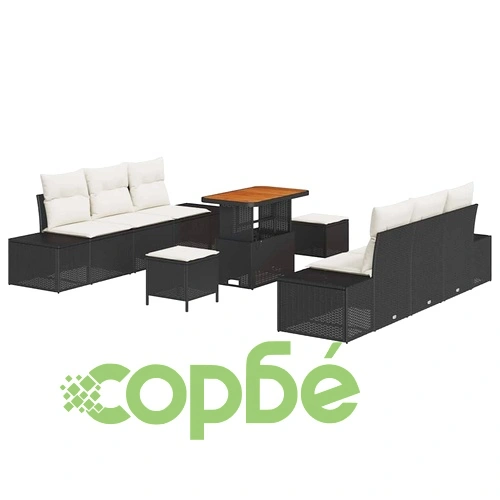 Градински комплект мебели 9 части черен полиратан акация 90x55x71 см ➤ топ цена ➤ sorbe.bg