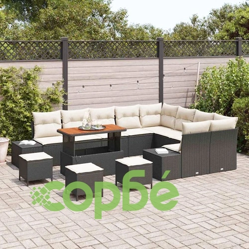 Градински диван комплект 12 части черен полиратан и кремави възглавници 110x55x71 см ➤ топ цена ➤ sorbe.bg