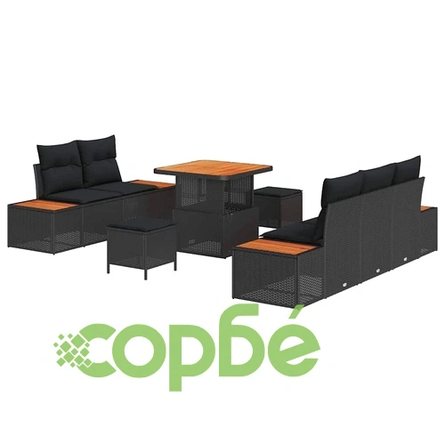 Градински комплект мебели 8 части с възглавници черен полиратан 80x80x71 см ➤ топ цена ➤ sorbe.bg