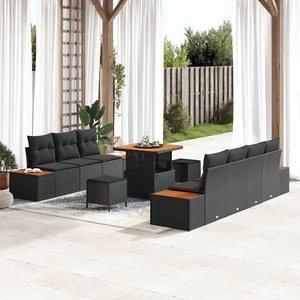 Градински диван комплект 10 части черен полиратан акация 80x80x71 см
