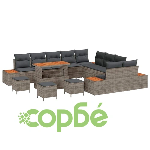 Градински диванен комплект 14 части с възглавници сив полиратан ➤ топ цена ➤ sorbe.bg