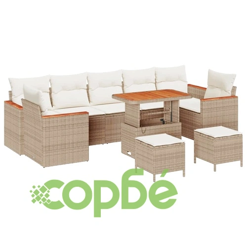 Градински Комплект Мебели 10 Части Бежов Полиратан с Възглавници 90x55x71 см ➤ топ цена ➤ sorbe.bg