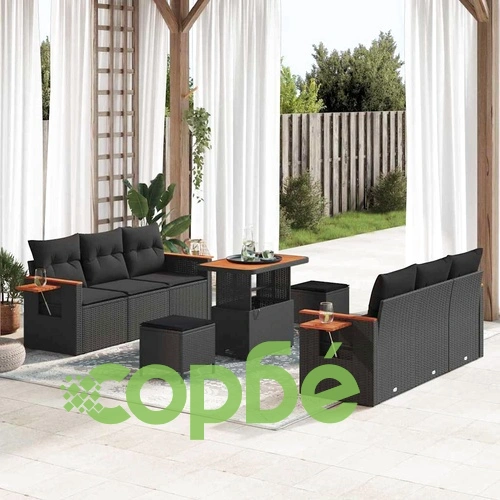 Градински комплект мебели 9 части с възглавници черен полиратан акация ➤ топ цена ➤ sorbe.bg