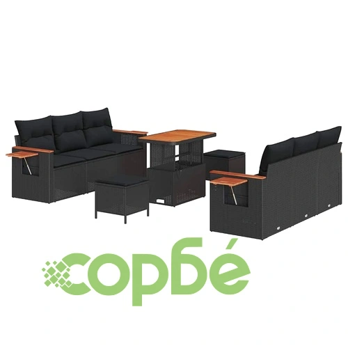 Градински комплект мебели 9 части с възглавници черен полиратан акация ➤ топ цена ➤ sorbe.bg