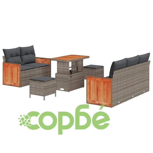 8-елементен градински комплект от полиратан с възглавници - сив 90x55x71 см ➤ топ цена ➤ sorbe.bg