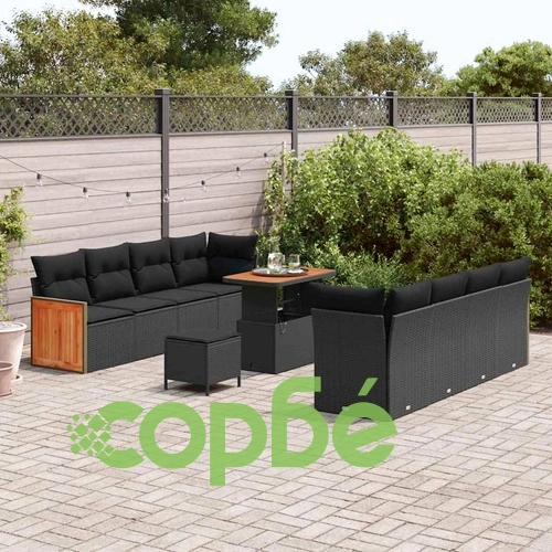 Градински комплект мебели 11 части черен полиратан 90x55x71 см с възглавници ➤ топ цена ➤ sorbe.bg