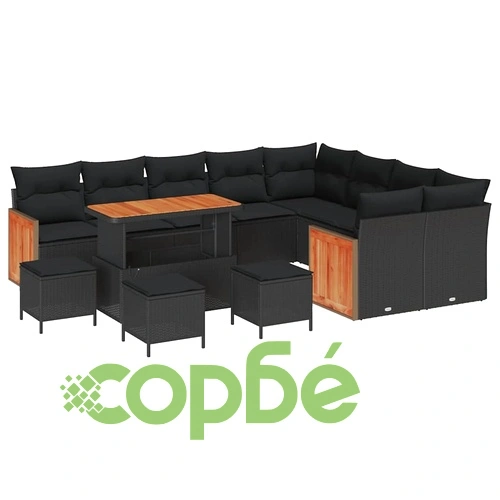 Градински комплект мебели 13 части полиратан черен 110x55x71 см с възглавници ➤ топ цена ➤ sorbe.bg