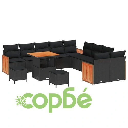 Градински комплект мебели 13 части полиратан черен 80x80x71 см с възглавници ➤ топ цена ➤ sorbe.bg
