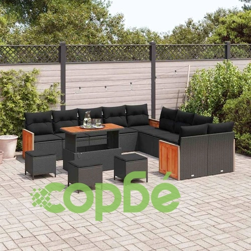 Градински комплект мебели 14 части полиратан черен 110x55x71 см акация ➤ топ цена ➤ sorbe.bg