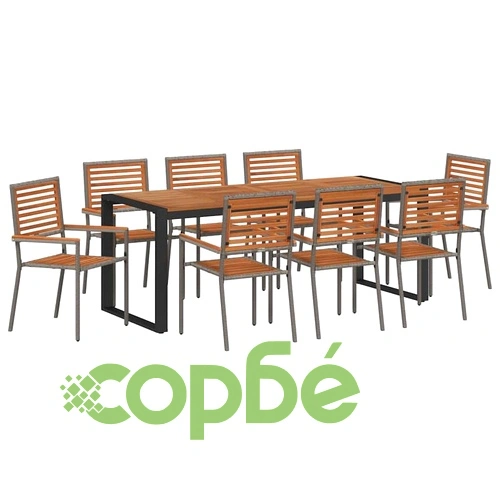 Комплект за хранене от полиратан и акация 9 части сив ➤ топ цена ➤ sorbe.bg
