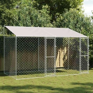 Клетка за куче с покрив и врати 400 x 200 x 256 см от галванизирана стомана, сребриста