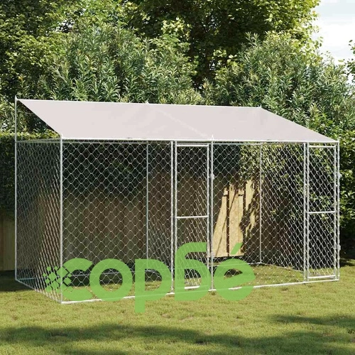Клетка за куче с покрив и врати 400 x 200 x 256 см от галванизирана стомана, сребриста ➤ топ цена ➤ sorbe.bg