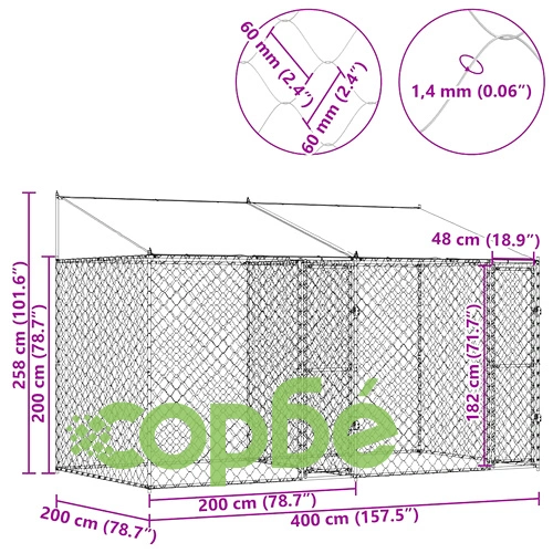 Клетка за куче с покрив и врати 400 x 200 x 256 см от галванизирана стомана, сребриста ➤ топ цена ➤ sorbe.bg