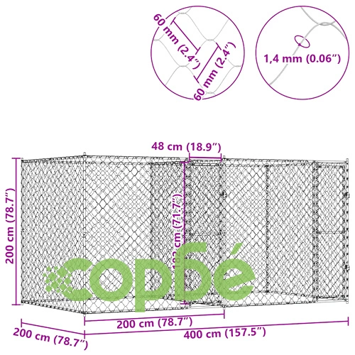 Клетка за куче от галванизирана стомана 400 x 200 x 200 см, сребриста ➤ топ цена ➤ sorbe.bg