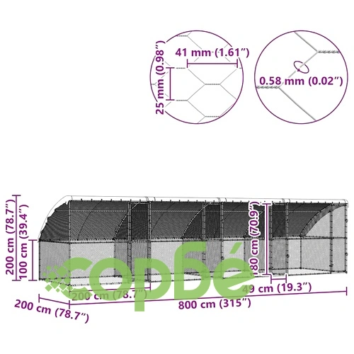 Клетка за пилета с покрив и врати от поцинкована стомана 800x200x198.5 см ➤ топ цена ➤ sorbe.bg