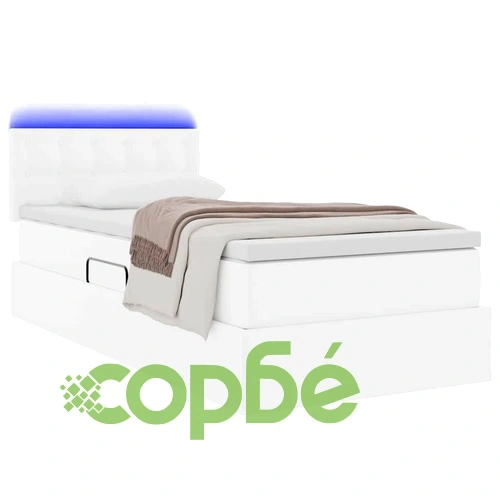 Легло с ракла за съхранение и LED осветление от еко кожа, 90 x 190 см, Чисто бяло ➤ топ цена ➤ sorbe.bg