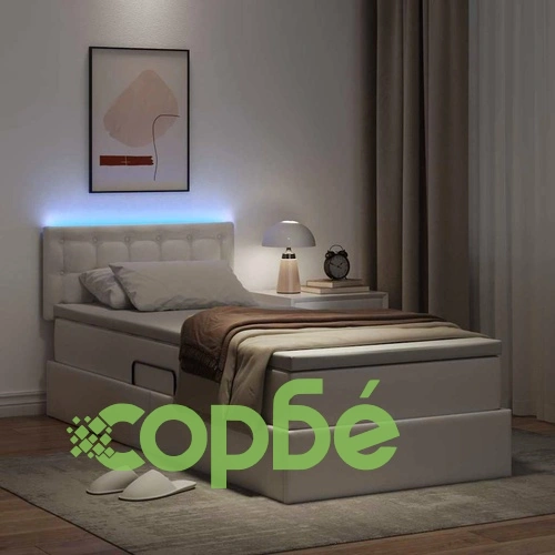 Легло с ракла за съхранение и LED осветление от еко кожа, 90 x 190 см, Чисто бяло ➤ топ цена ➤ sorbe.bg
