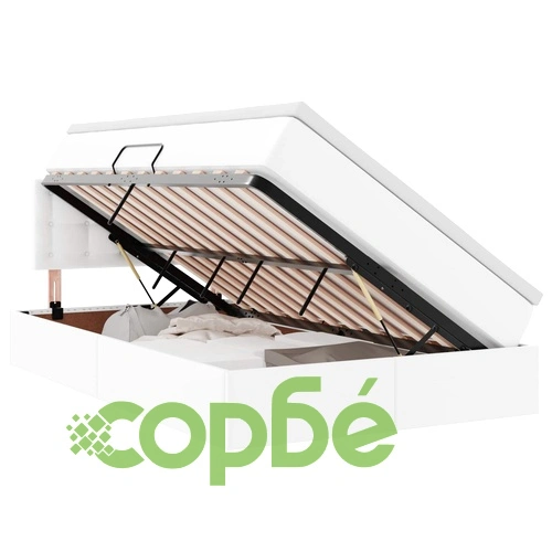 Легло с ракла за съхранение и LED осветление, изкуствена кожа, 120 x 190 см, бяло ➤ топ цена ➤ sorbe.bg