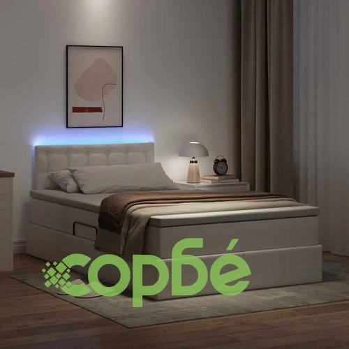 Легло с ракла за съхранение и LED осветление, изкуствена кожа, 120 x 190 см, бяло ➤ топ цена ➤ sorbe.bg