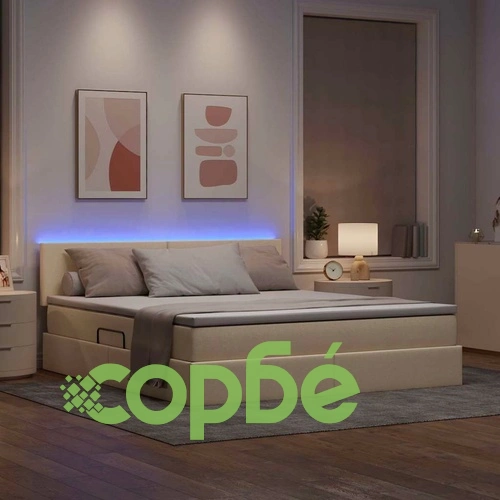 Легло с LED осветление и матрак кремав 180x200 см текстил ➤ топ цена ➤ sorbe.bg