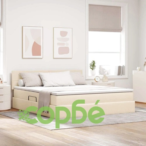 Легло с LED осветление и скрито съхранение кремаво 180x200 см текстил ➤ топ цена ➤ sorbe.bg