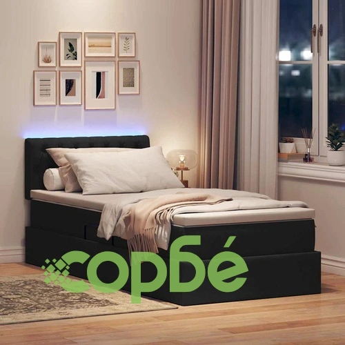 LED легло с матрак и табла, тапицирано, 90 x 200 см, Черно ➤ топ цена ➤ sorbe.bg