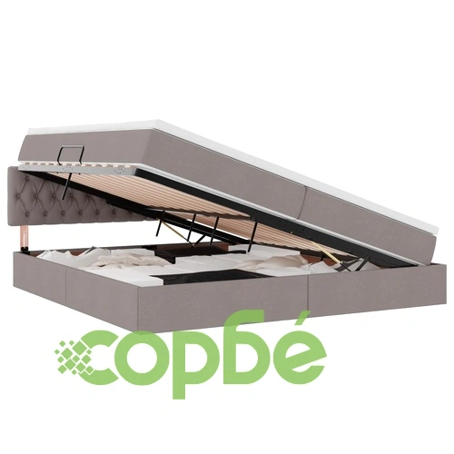 LED легло с ламиниран текстил, матрак и табла, Таупе, 200 x 200 см ➤ топ цена ➤ sorbe.bg